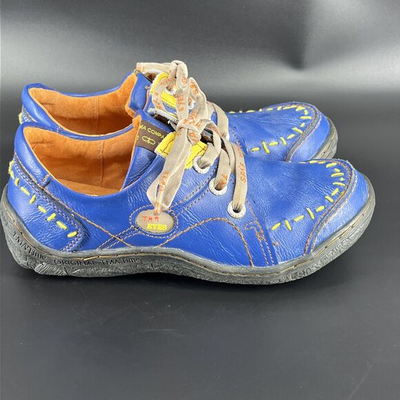 TMA Eyes Time Blue Leather Lace Up Sneakers Women’s 7 Yellow Stitching Shoes - Picture 10 of 16